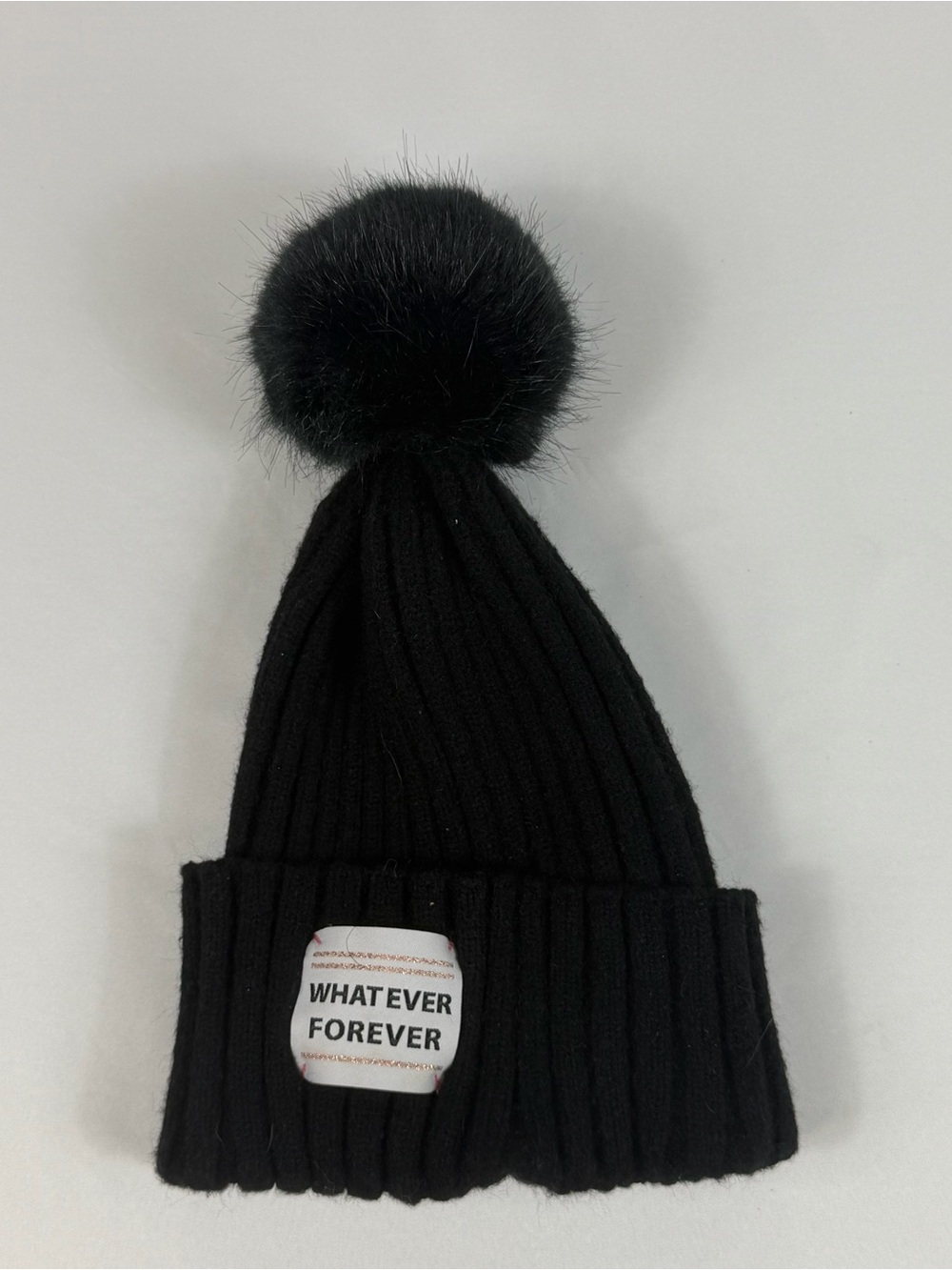 H&M Girls Black Whatever Forever Faux Fur Pom Pom Beanie 8-12Y